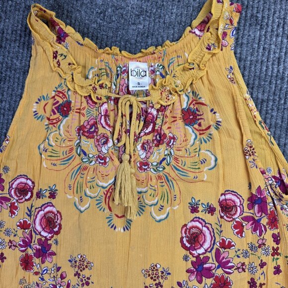 Boho Floral Sleeveless Top Womens Small Yellow Peasant Ruffle Festive Chic Tank - Picture 3 of 11